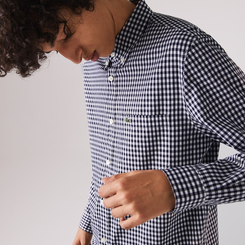 Men's Lacoste White / Navy Blue Shirts Regular Fit Gingham Cotton Poplin RA6-48284T8