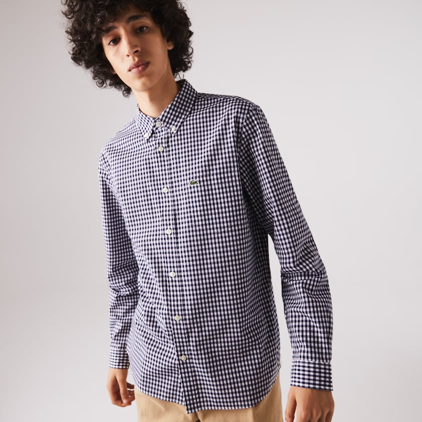 Men's Lacoste White / Navy Blue Shirts Regular Fit Gingham Cotton Poplin RA6-48284T8