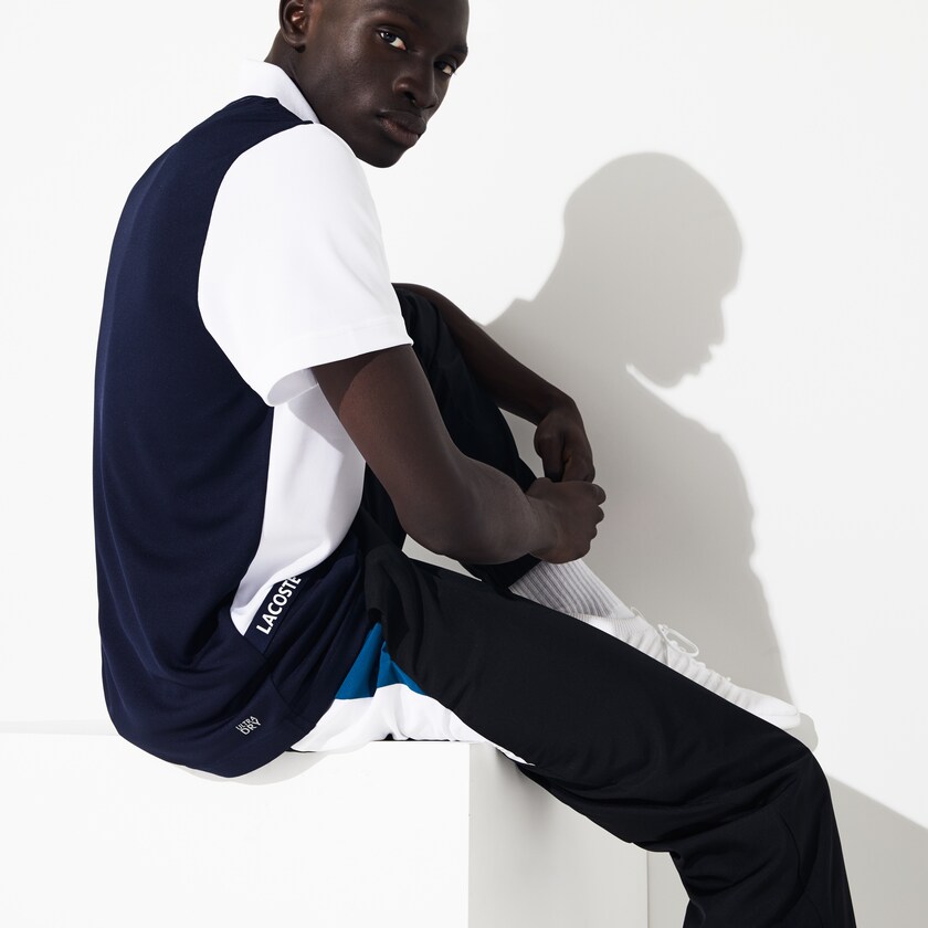 Men's Lacoste White / Navy Blue Polo Shirts SPORT Breathable Color-Block Piqué KB8-72757A5