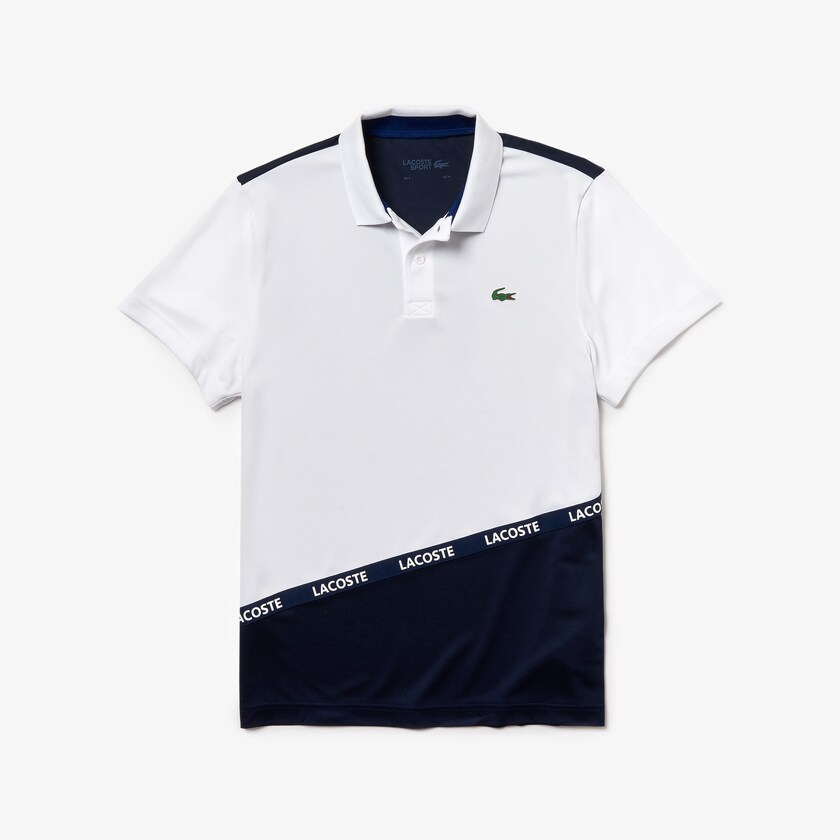 Men's Lacoste White / Navy Blue Polo Shirts SPORT Breathable Color-Block Piqué KB8-72757A5