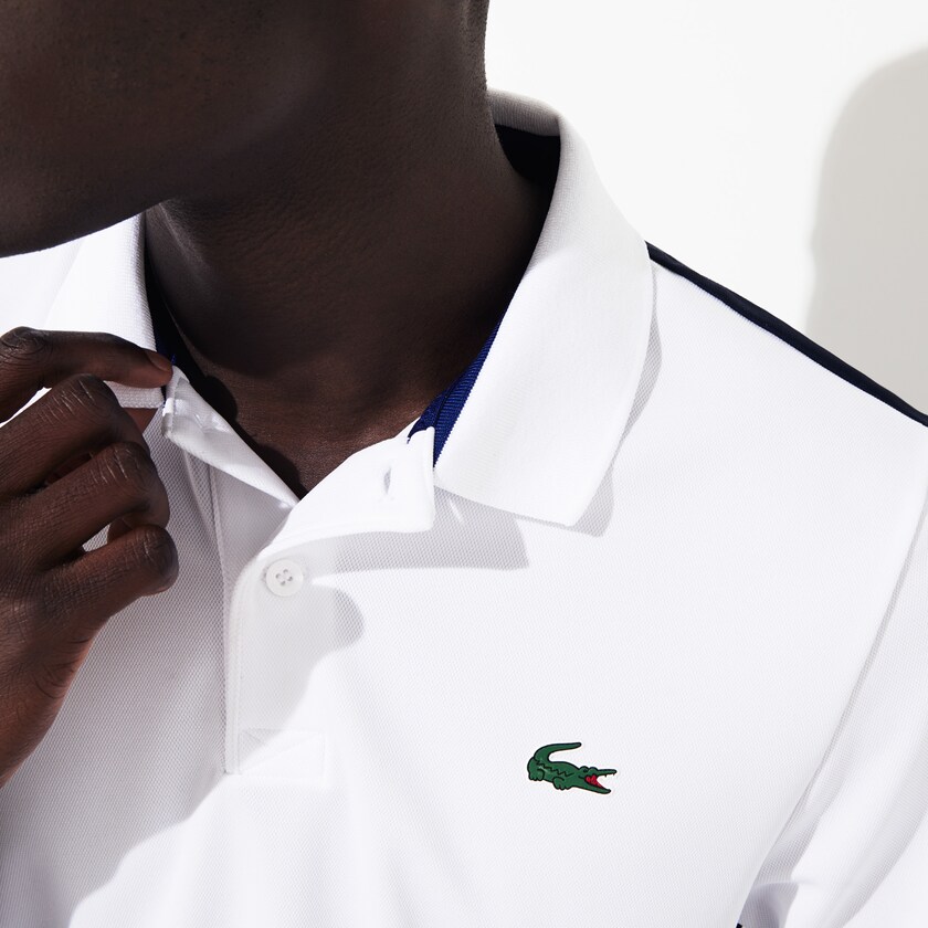 Men's Lacoste White / Navy Blue Polo Shirts SPORT Breathable Color-Block Piqué KB8-72757A5