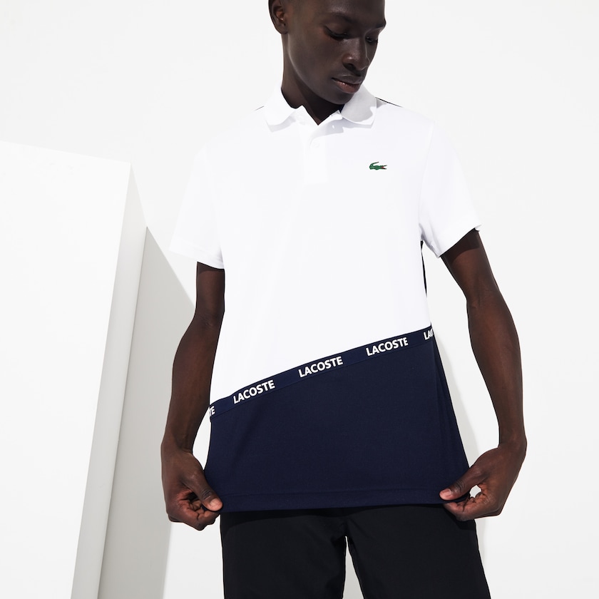 Men's Lacoste White / Navy Blue Polo Shirts SPORT Breathable Color-Block Piqué KB8-72757A5