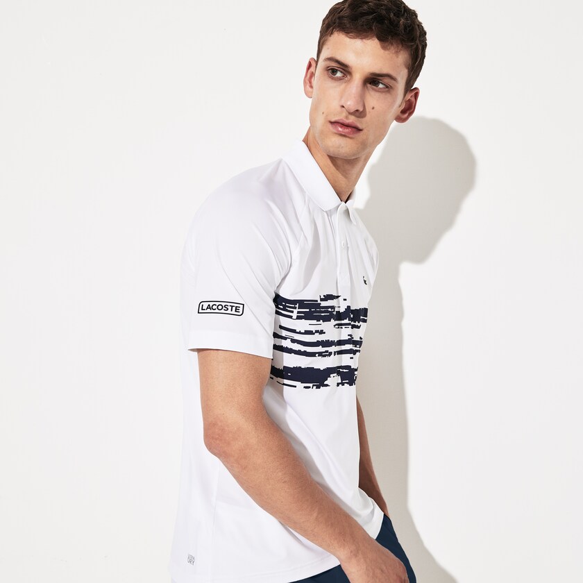 Men's Lacoste White / Navy Blue Polo Shirts SPORT Novak Djokovic Stretch Print Jersey PL7-60236G6