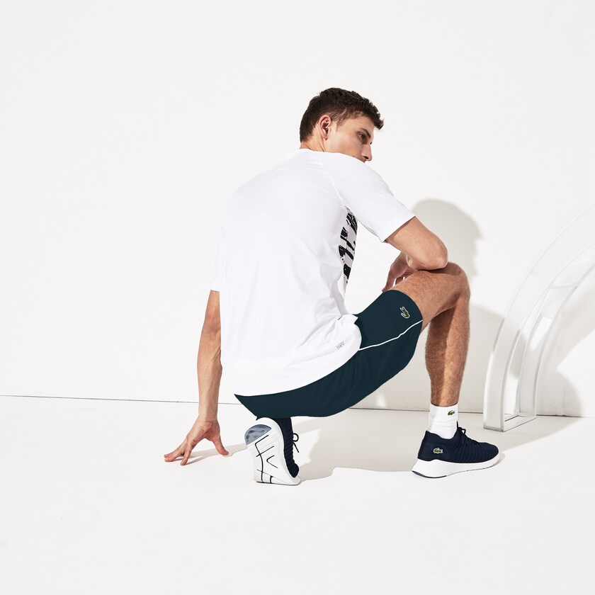 Men's Lacoste White / Navy Blue Polo Shirts SPORT Novak Djokovic Stretch Print Jersey PL7-60236G6