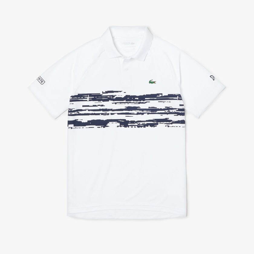 Men's Lacoste White / Navy Blue Polo Shirts SPORT Novak Djokovic Stretch Print Jersey PL7-60236G6