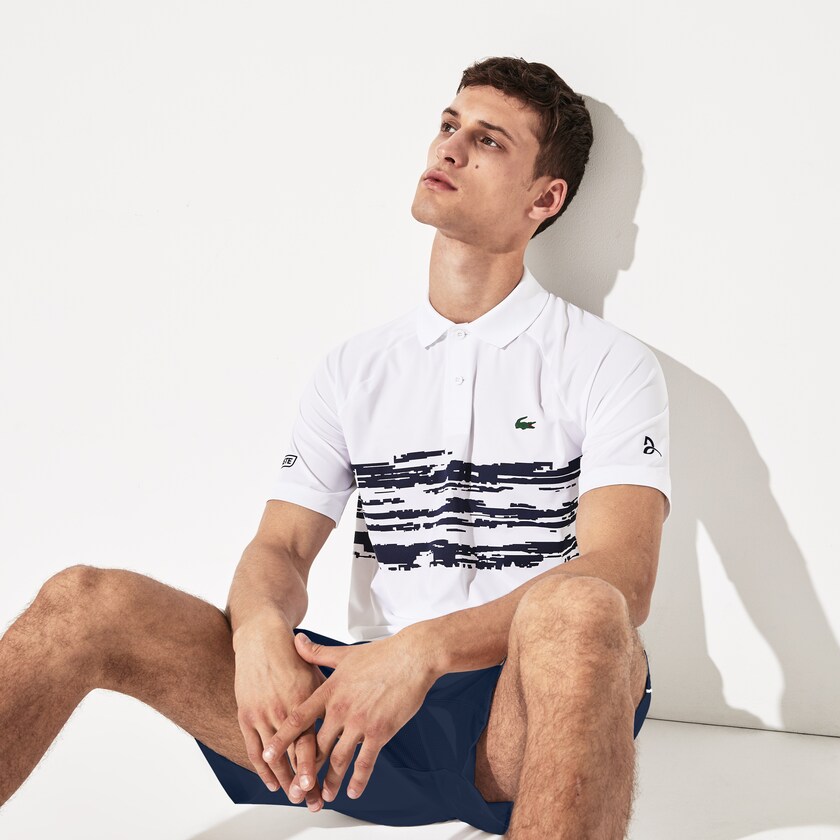 Men's Lacoste White / Navy Blue Polo Shirts SPORT Novak Djokovic Stretch Print Jersey PL7-60236G6