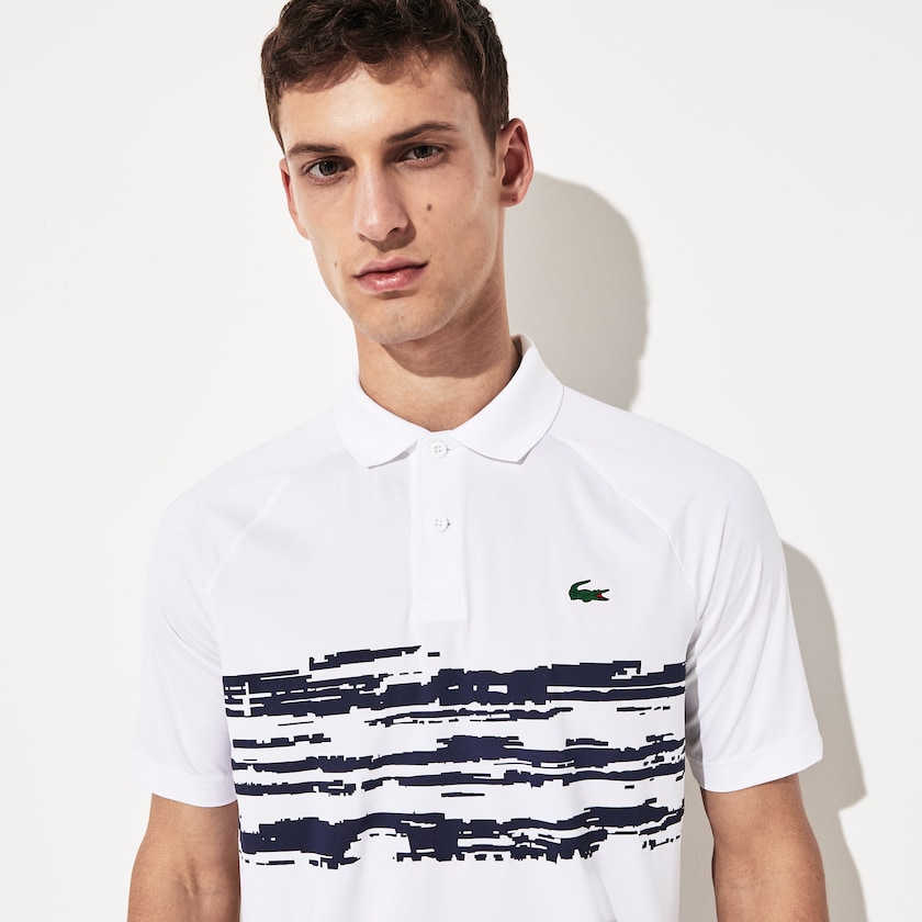 Men's Lacoste White / Navy Blue Polo Shirts SPORT Novak Djokovic Stretch Print Jersey PL7-60236G6