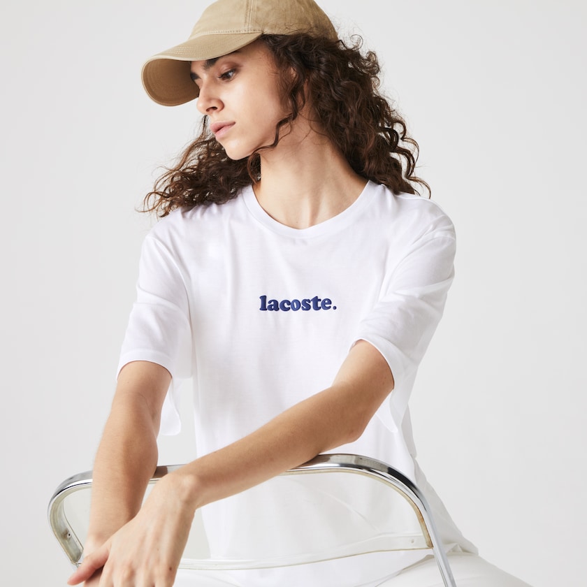 Women's Lacoste White / Navy Blue T Shirts Signature Printed Crew Neck Cotton TH4-88678R9