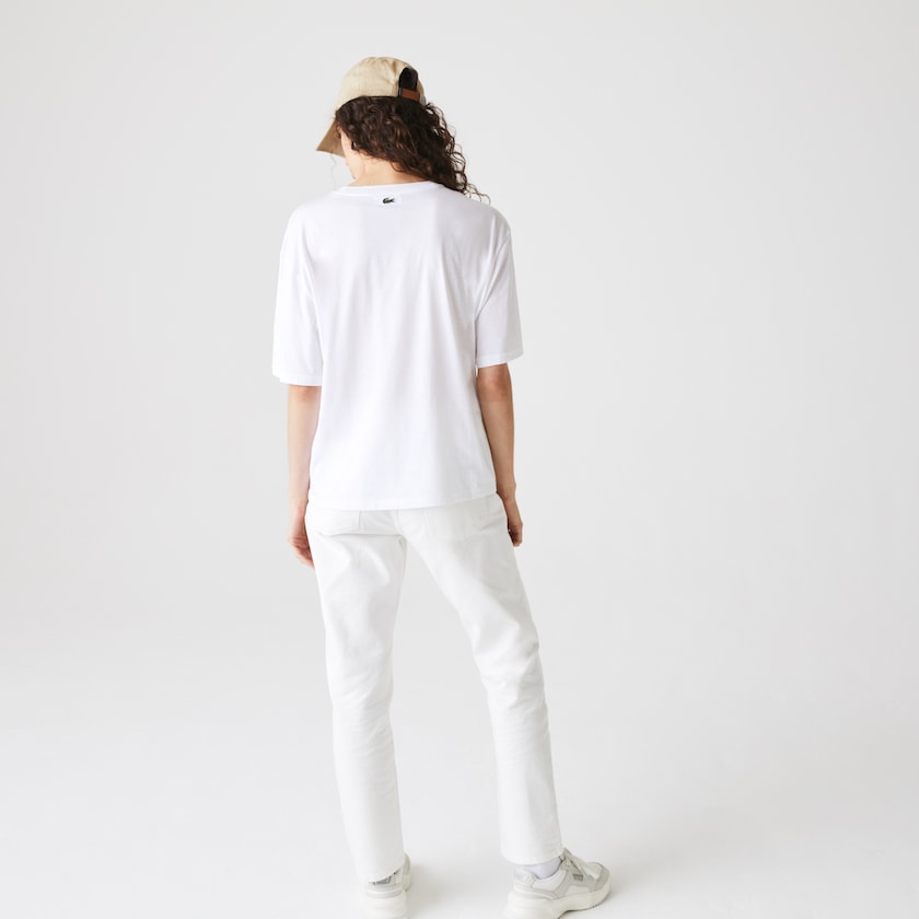 Women's Lacoste White / Navy Blue T Shirts Signature Printed Crew Neck Cotton TH4-88678R9