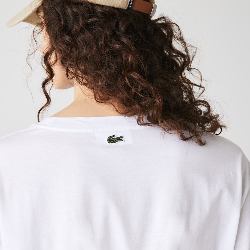 Women's Lacoste White / Navy Blue T Shirts Signature Printed Crew Neck Cotton TH4-88678R9