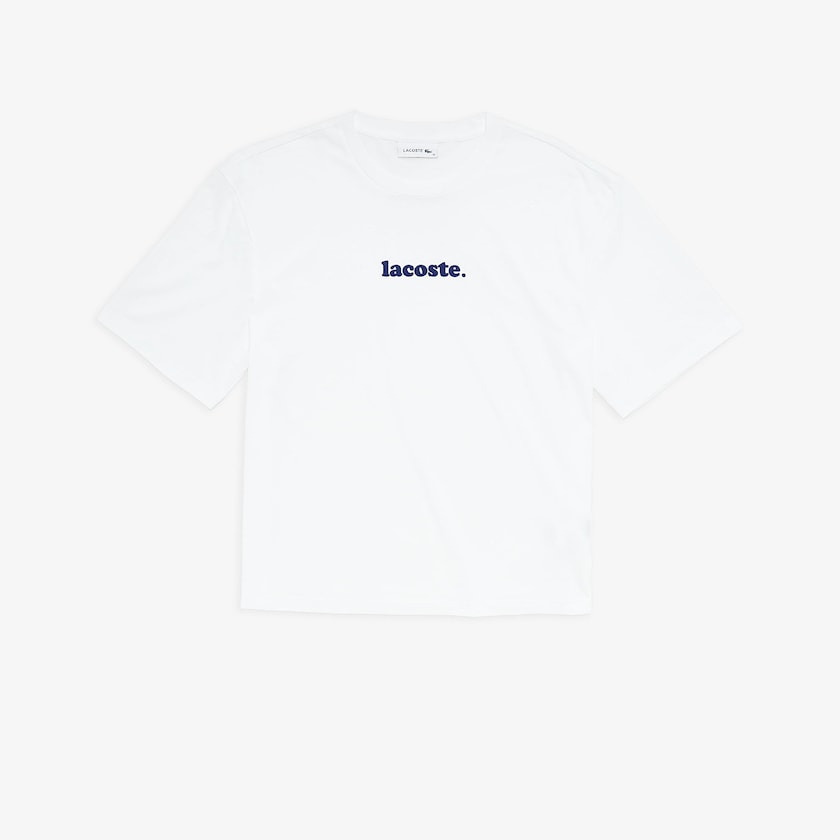 Women's Lacoste White / Navy Blue T Shirts Signature Printed Crew Neck Cotton TH4-88678R9