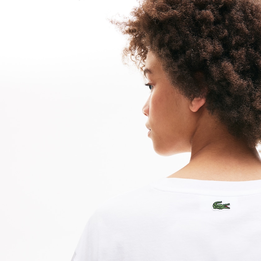 Women's Lacoste White / Navy Blue T Shirts Signature Printed Crew Neck Cotton TH4-88678R9