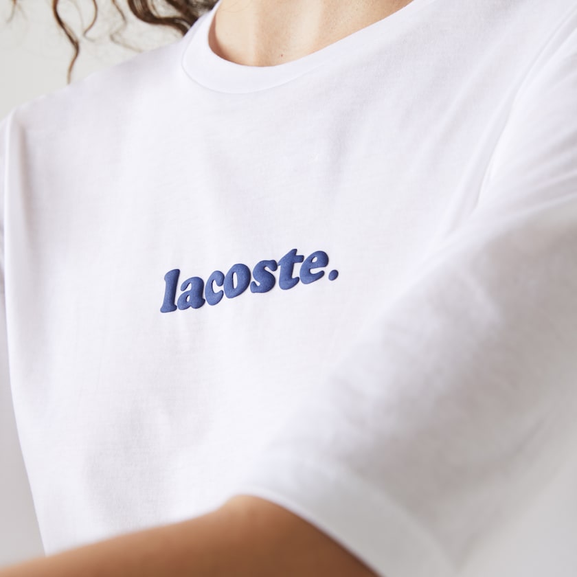 Women's Lacoste White / Navy Blue T Shirts Signature Printed Crew Neck Cotton TH4-88678R9