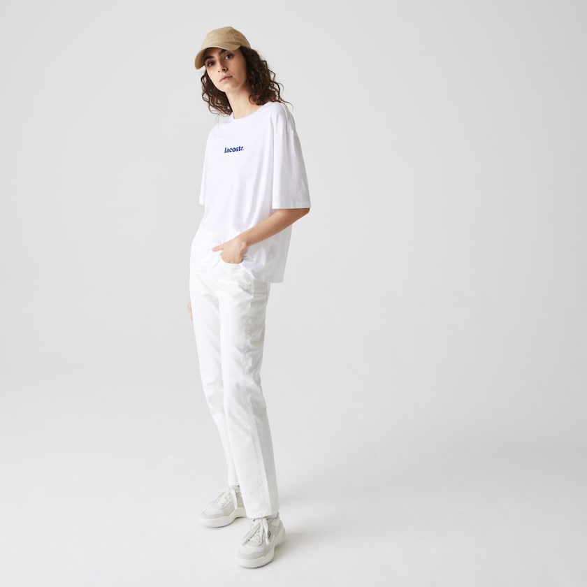Women's Lacoste White / Navy Blue T Shirts Signature Printed Crew Neck Cotton TH4-88678R9