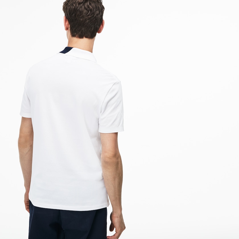 Men's Lacoste White / Navy Blue Polo Shirts Slim Fit Lettering Stretch Mini Piqué MV8-55715H3