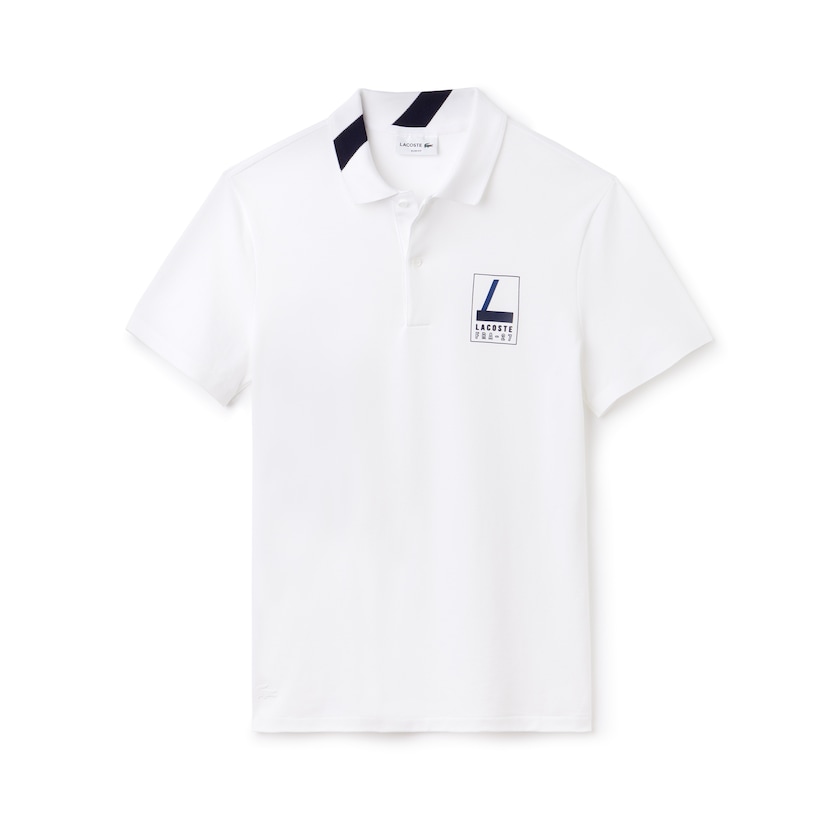 Men's Lacoste White / Navy Blue Polo Shirts Slim Fit Lettering Stretch Mini Piqué MV8-55715H3