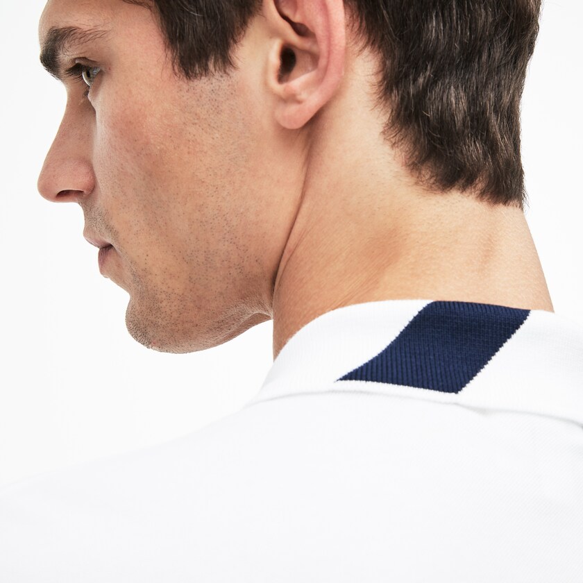 Men's Lacoste White / Navy Blue Polo Shirts Slim Fit Lettering Stretch Mini Piqué MV8-55715H3