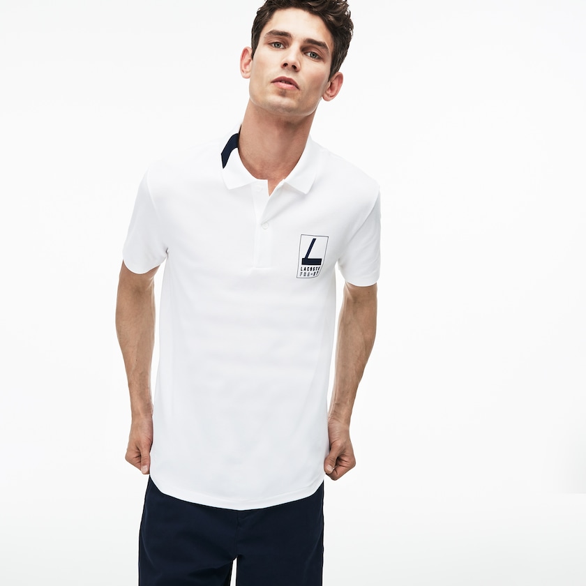 Men's Lacoste White / Navy Blue Polo Shirts Slim Fit Lettering Stretch Mini Piqué MV8-55715H3