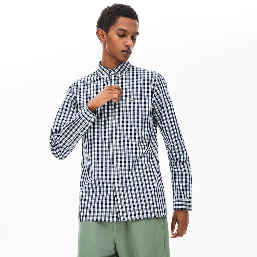 Men's Lacoste White / Navy Blue Shirts Slim Fit Long-Sleeve Wool MT0-72537F4