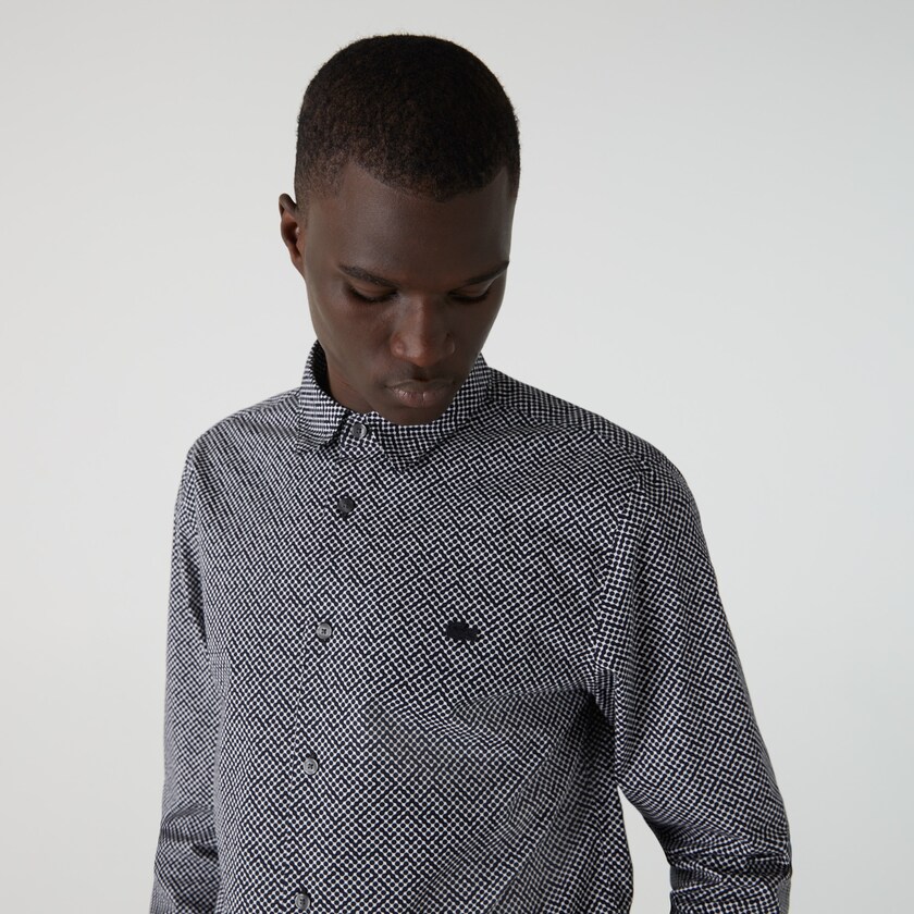 Men's Lacoste White / Navy Blue Shirts Slim Fit Tennis Ball Pattern Cotton Poplin RC3-89138R4