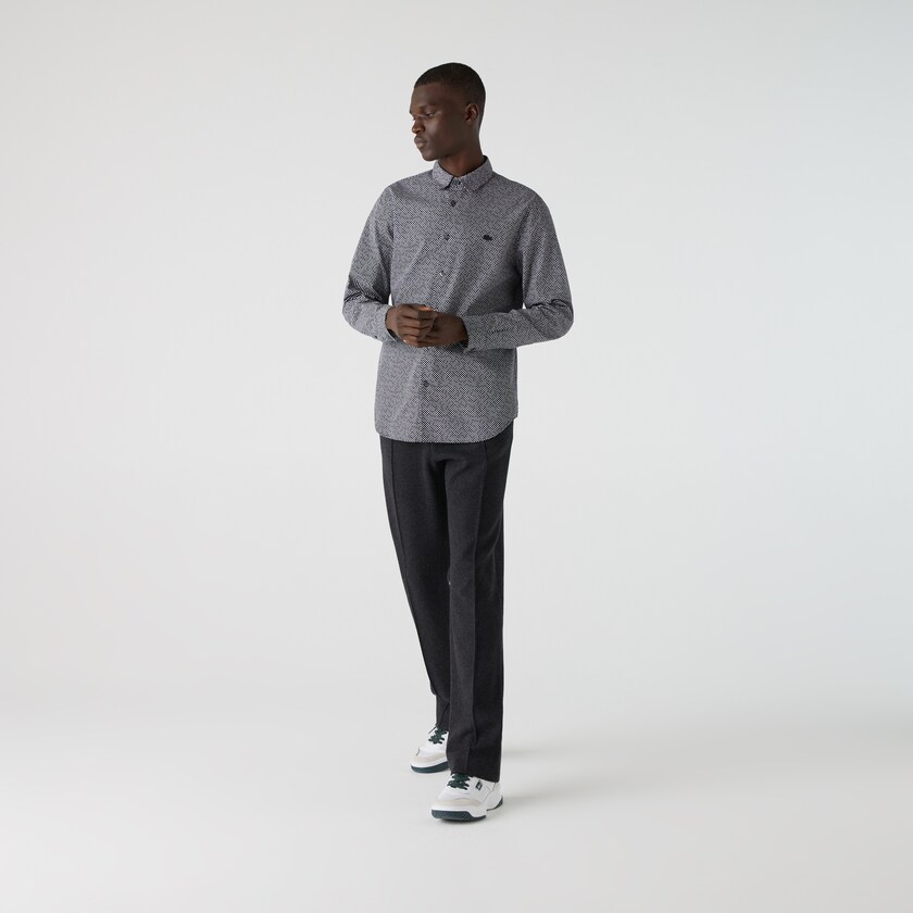 Men's Lacoste White / Navy Blue Shirts Slim Fit Tennis Ball Pattern Cotton Poplin RC3-89138R4