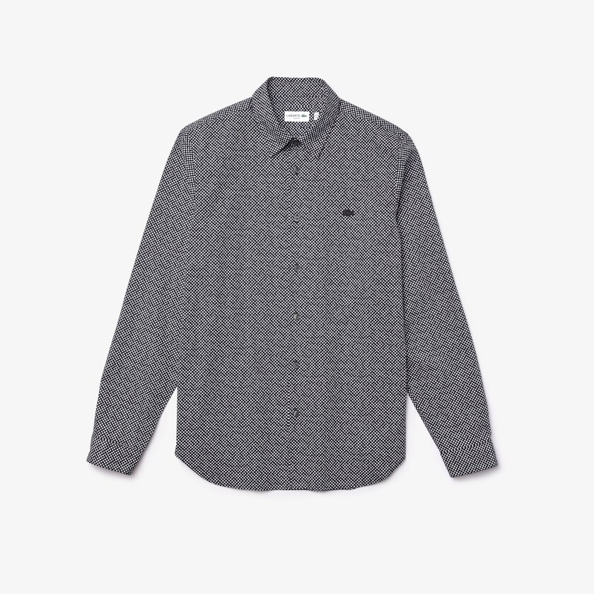 Men's Lacoste White / Navy Blue Shirts Slim Fit Tennis Ball Pattern Cotton Poplin RC3-89138R4