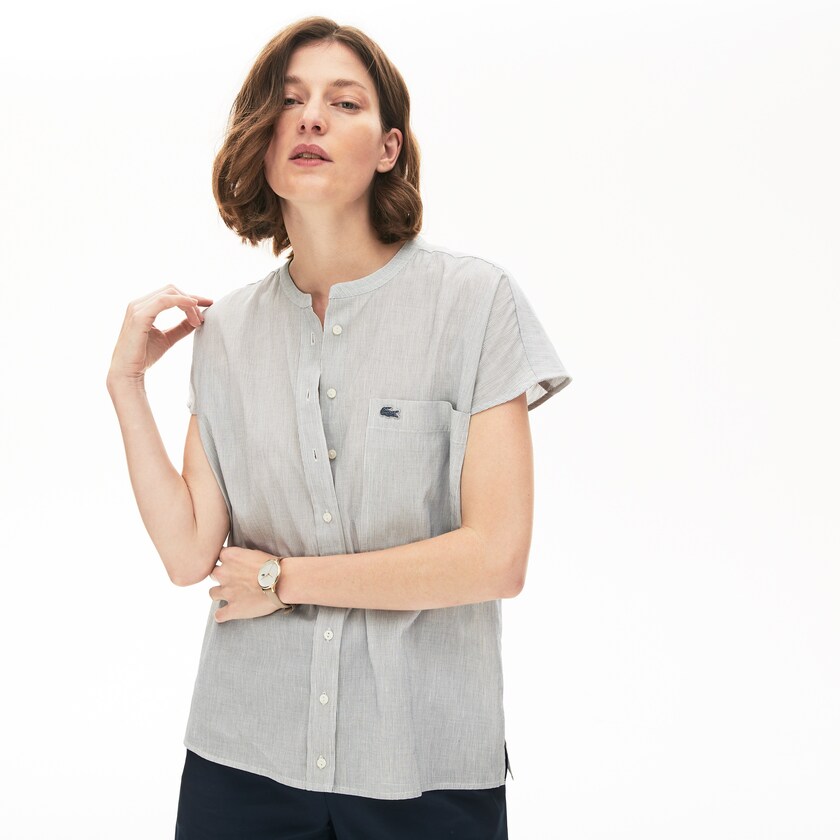Women's Lacoste White / Navy Blue Shirts Striped Linen And Cotton Blend OP1-26492V6