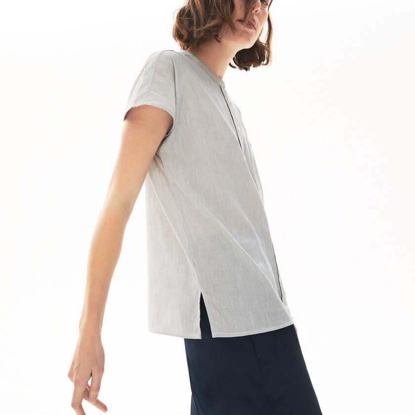 Women's Lacoste White / Navy Blue Shirts Striped Linen And Cotton Blend OP1-26492V6
