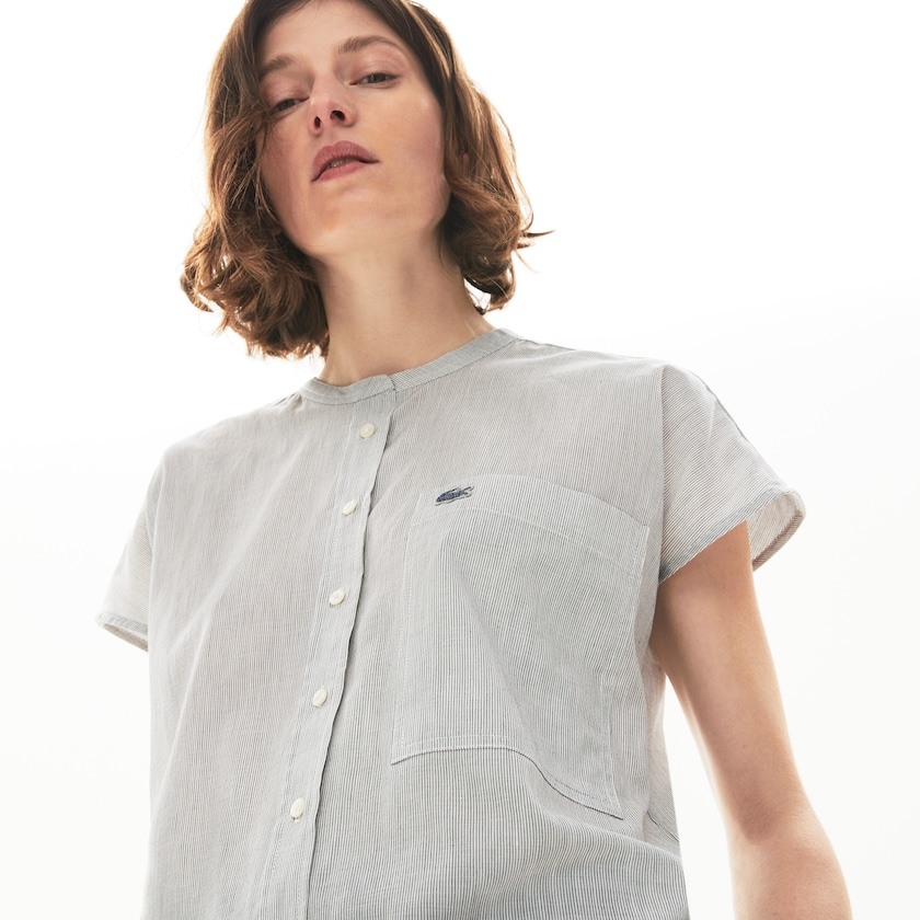 Women's Lacoste White / Navy Blue Shirts Striped Linen And Cotton Blend OP1-26492V6
