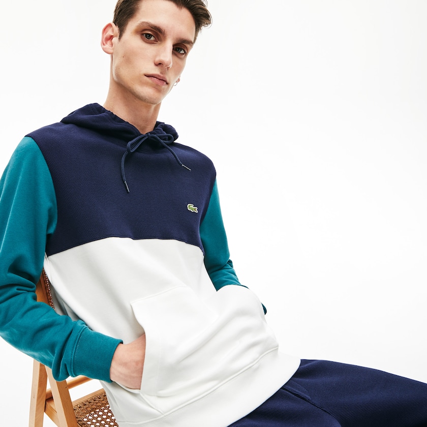Men's Lacoste White / Navy Blue / Green Sweatshirts Cotton-Piqué and French Terry Colorblock XC7-27462Q8