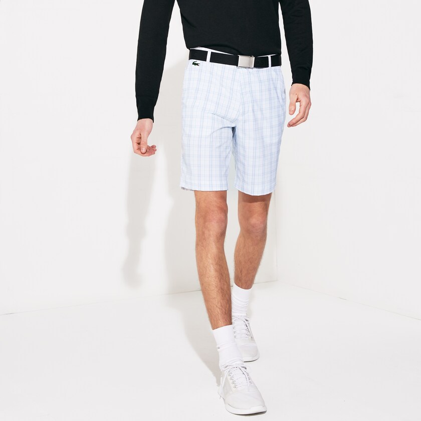 Men's Lacoste White / Navy Blue / Light Grey / Turquoise Shorts SPORT Checked Stretch Golf Bermudas SF9-50595A0
