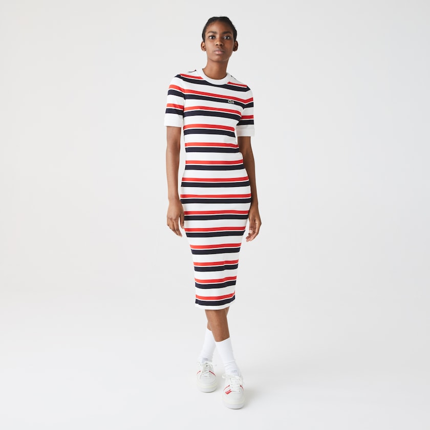 Women's Lacoste White / Navy Blue / Red Dress LIVE Striped Cotton Ribbed T-Shirt QU8-90889K0