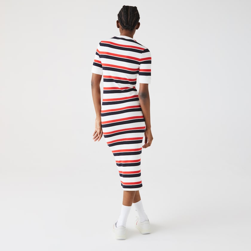 Women's Lacoste White / Navy Blue / Red Dress LIVE Striped Cotton Ribbed T-Shirt QU8-90889K0