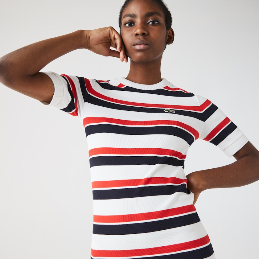Women's Lacoste White / Navy Blue / Red Dress LIVE Striped Cotton Ribbed T-Shirt QU8-90889K0