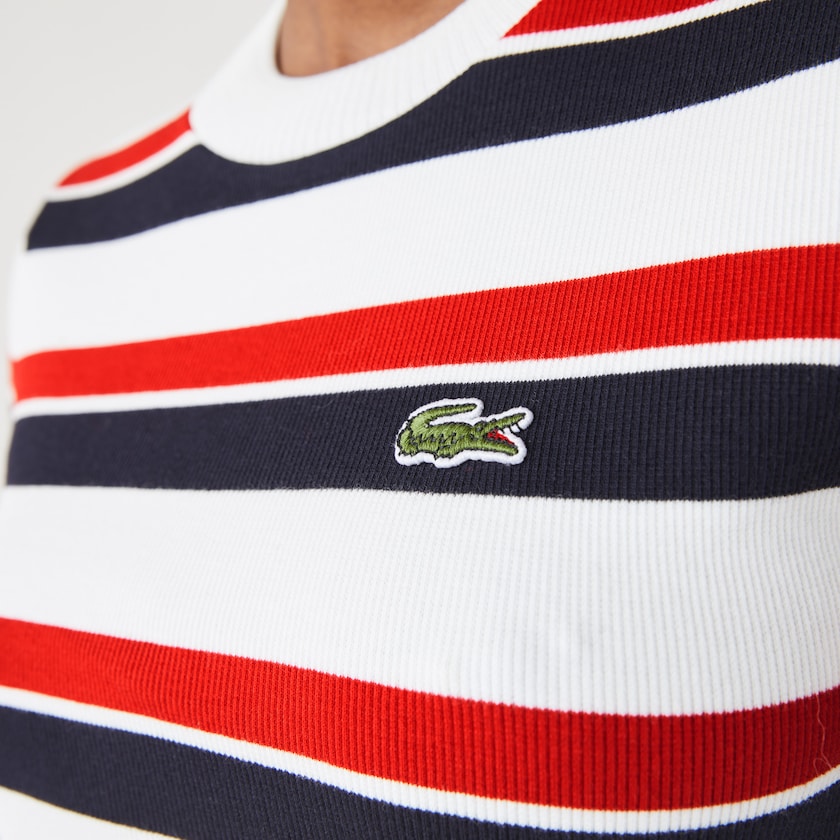 Women's Lacoste White / Navy Blue / Red Dress LIVE Striped Cotton Ribbed T-Shirt QU8-90889K0