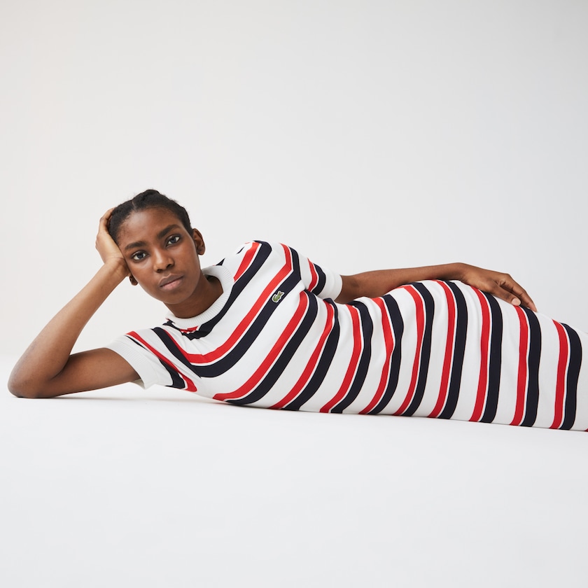 Women's Lacoste White / Navy Blue / Red Dress LIVE Striped Cotton Ribbed T-Shirt QU8-90889K0