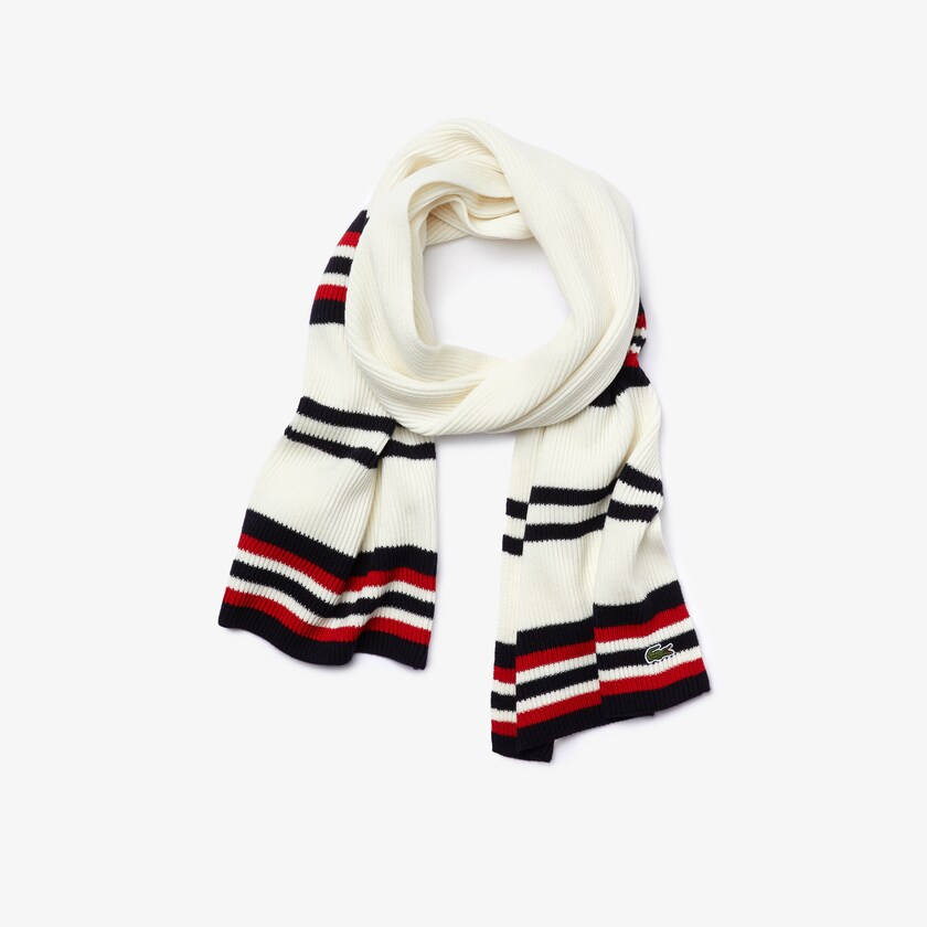 Men's Lacoste White / Navy Blue / Red Scarves Made in France Striped Ribbed Rectangular Wool DZ0-19301X3