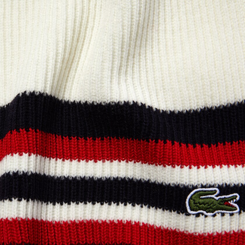 Men's Lacoste White / Navy Blue / Red Scarves Made in France Striped Ribbed Rectangular Wool DZ0-19301X3