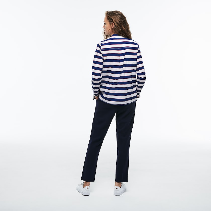 Women's Lacoste White / Navy Blue / Red Shirts Regular Fit Striped Cotton & Silk Voile XQ2-78377B7