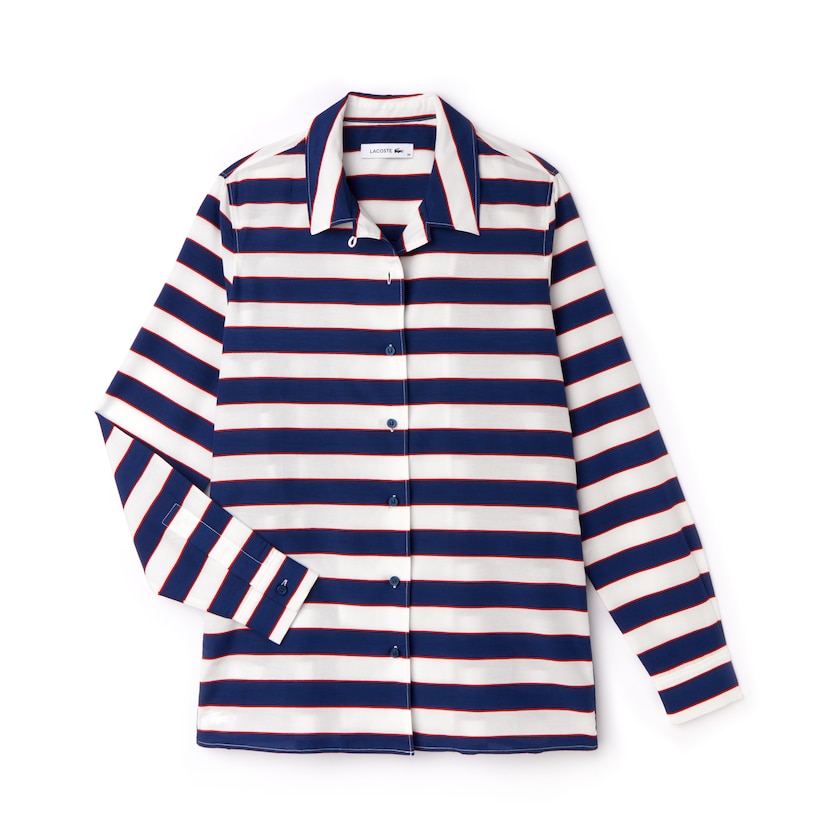Women's Lacoste White / Navy Blue / Red Shirts Regular Fit Striped Cotton & Silk Voile XQ2-78377B7