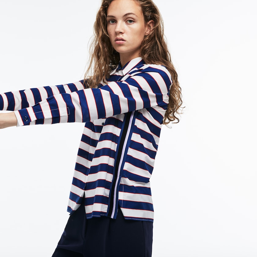 Women's Lacoste White / Navy Blue / Red Shirts Regular Fit Striped Cotton & Silk Voile XQ2-78377B7