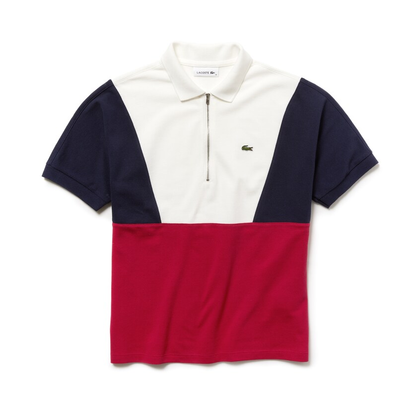 Women's Lacoste White / Navy Blue / Red Polo Shirts Zip Neck Colorblock Terrycloth Piqué MM7-90279L8