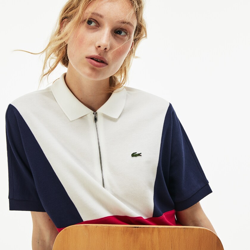 Women's Lacoste White / Navy Blue / Red Polo Shirts Zip Neck Colorblock Terrycloth Piqué MM7-90279L8