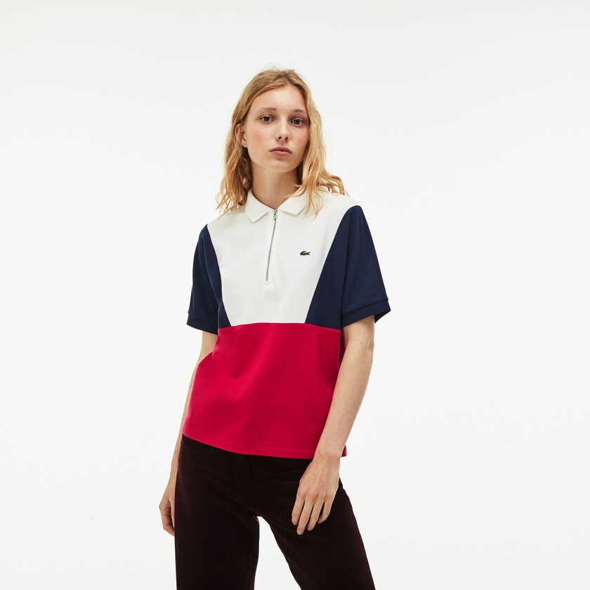Women's Lacoste White / Navy Blue / Red Polo Shirts Zip Neck Colorblock Terrycloth Piqué MM7-90279L8