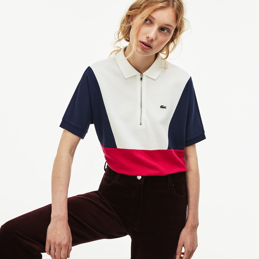Women's Lacoste White / Navy Blue / Red Polo Shirts Zip Neck Colorblock Terrycloth Piqué MM7-90279L8