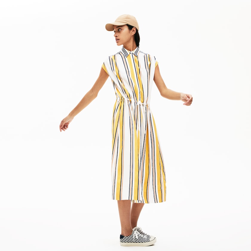 Women's Lacoste White / Navy Blue / Yellow / Light Brown Dress Long Striped Shirtdress LR6-79687B7