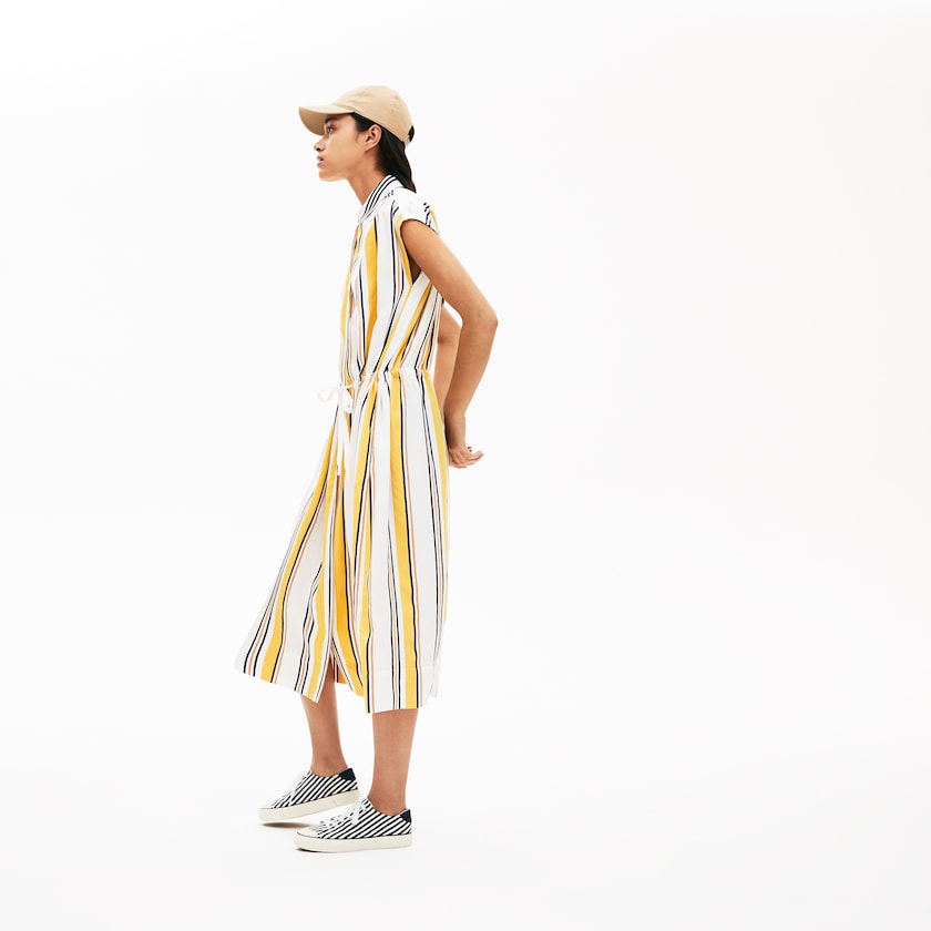 Women's Lacoste White / Navy Blue / Yellow / Light Brown Dress Long Striped Shirtdress LR6-79687B7