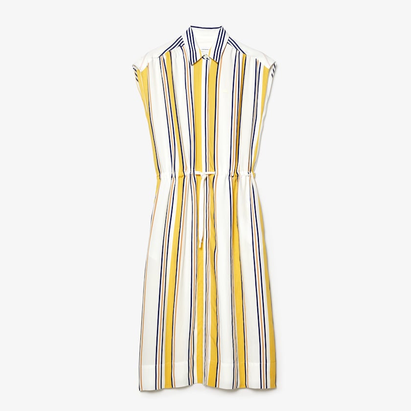 Women's Lacoste White / Navy Blue / Yellow / Light Brown Dress Long Striped Shirtdress LR6-79687B7