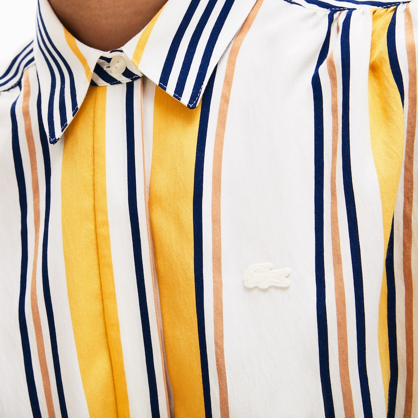 Women's Lacoste White / Navy Blue / Yellow / Light Brown Dress Long Striped Shirtdress LR6-79687B7