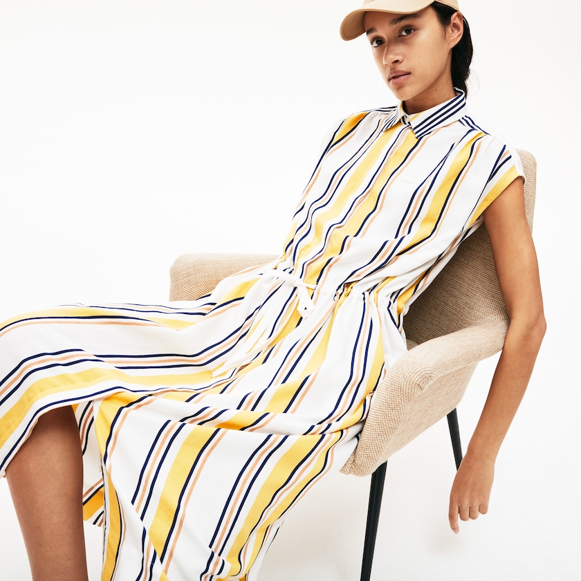 Women's Lacoste White / Navy Blue / Yellow / Light Brown Dress Long Striped Shirtdress LR6-79687B7